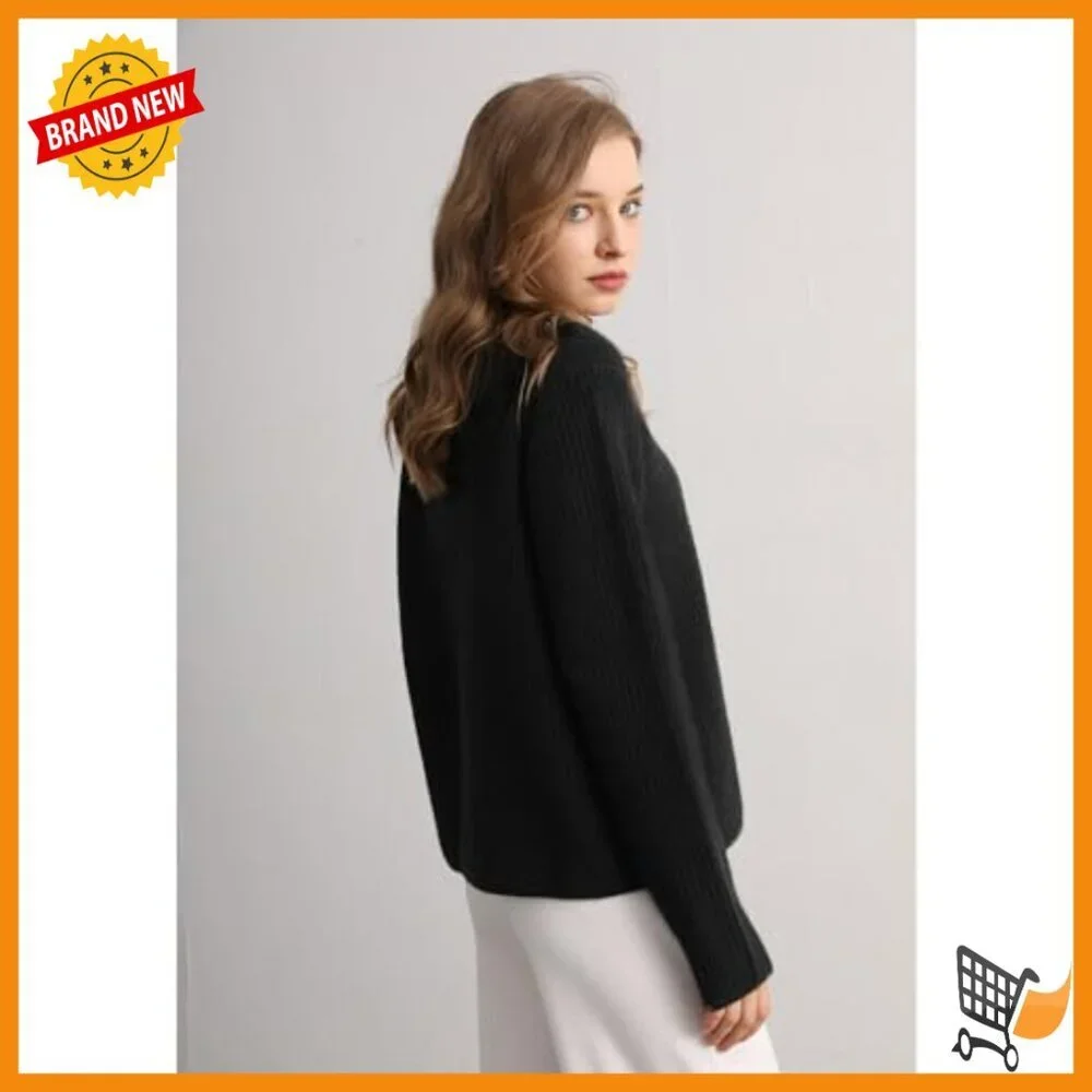 Cashmere Crewneck Pullover Sweater Ribbed Long Sleeve Women's Winter Essential